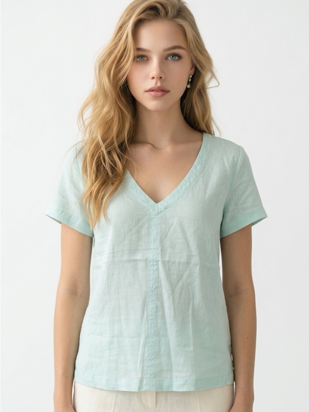 C&C California Women's XS Aqua Linen Top Short Sleeve Cutout Back Slits Blouse